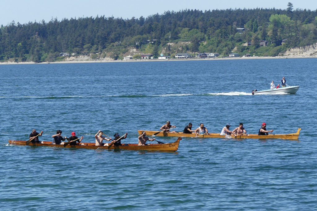 Tribal canoe racers during the Penn Cove Water Festival 2023